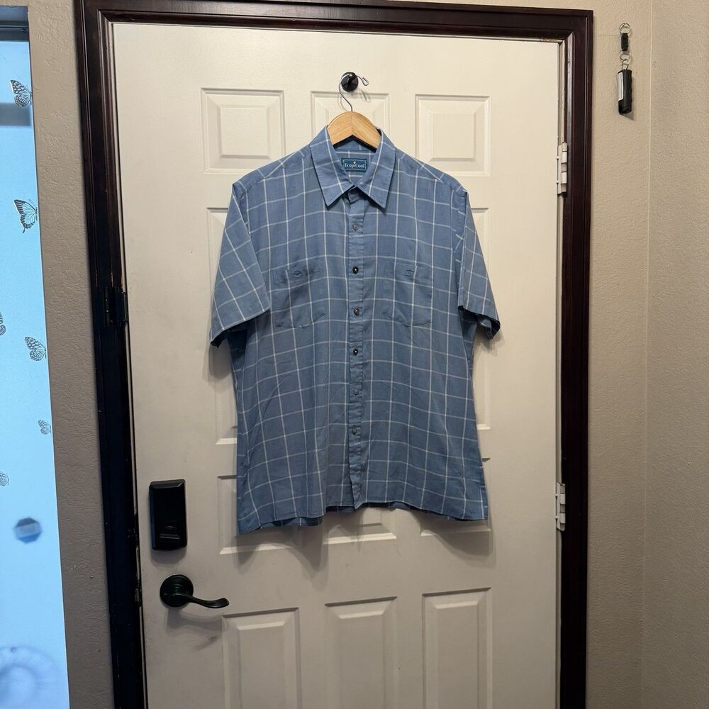 TropiCool Mens XL Shirt Blue White Plaid Short Sleeve Button Up 2 Pocket